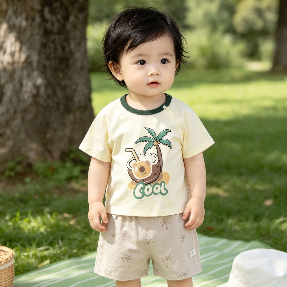 Baby Clothing Made In Usa - 0-3歳の赤ちゃん用夏用半袖ショートパンツ2点セット、純綿製、漫画柄Tシャツ/五分丈パンツ、子供服