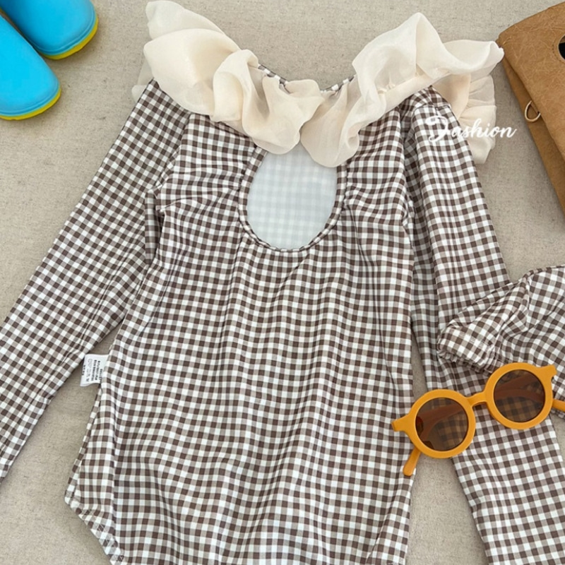 Baby Clothing Hawaii - ファッション女の赤ちゃん水着キャップチェック柄子供フリル襟水着水着子供水泳服ベビーハワイスーツ
