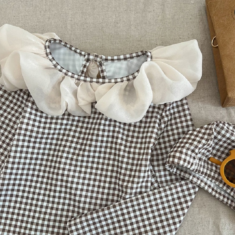ファッション女の赤ちゃん水着キャップチェック柄子供フリル襟水 - Baby Clothing Hawaii のレビューと価格