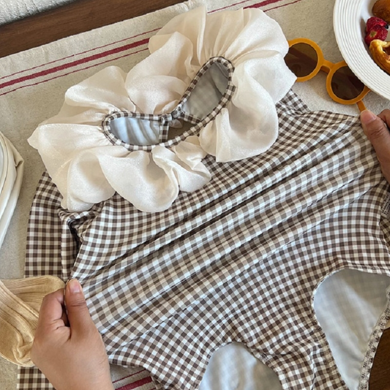 ファッション女の赤ちゃん水着キャップチェック柄子供フリル襟水 - Baby Clothing Hawaii のレビューと価格
