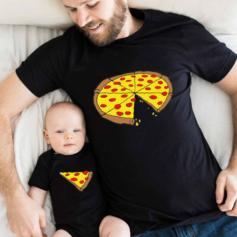 面白いピザプリント父母子供用Tシャツベビーボディスーツ綿夏家 - Baby Clothing For Sale のレビューと価格