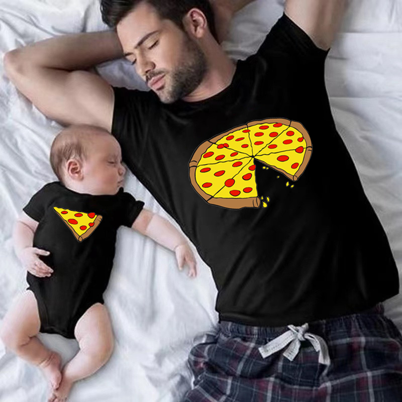 面白いピザプリント父母子供用Tシャツベビーボディスーツ綿夏家 - Baby Clothing For Sale のレビューと価格