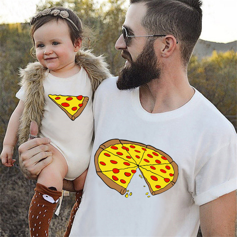 面白いピザプリント父母子供用Tシャツベビーボディスーツ綿夏家 - Baby Clothing For Sale のレビューと価格