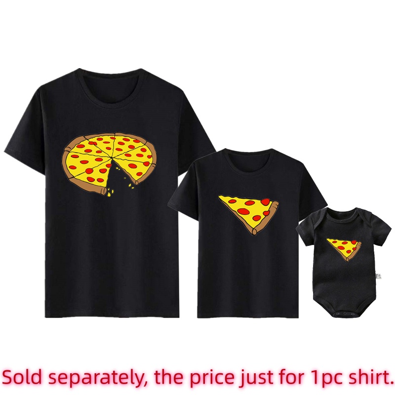 面白いピザプリント父母子供用Tシャツベビーボディスーツ綿夏家 - Baby Clothing For Sale のレビューと価格